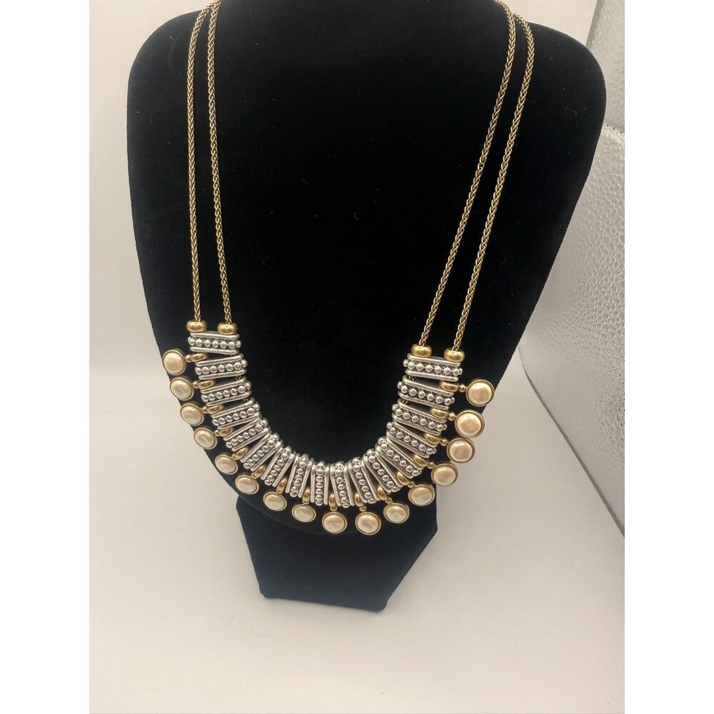 Lucky Brand Mixed Metal Pearl Bib Collar Statement Necklace Boho - Reversible!